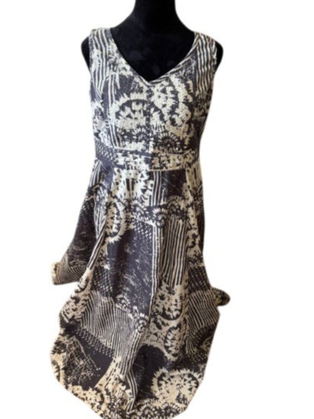Coldwater Creek Brown/Cream Sleeveless Midi V Neck Western Print Dress EUC 10